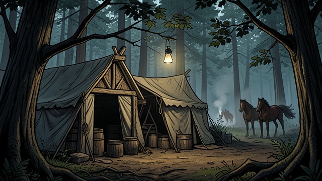 The Gang's Sanctuary from "The Thicket". Camp Beyond Witnesses Isolation Cut Throat Bill's gang occupies a crude camp protected by woods, horses, and fear.