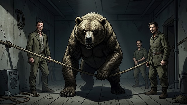 Bear on a Rope from "The Thicket". Captivity Made Visible Display The chained bear embodies helpless strength exploited for amusement.