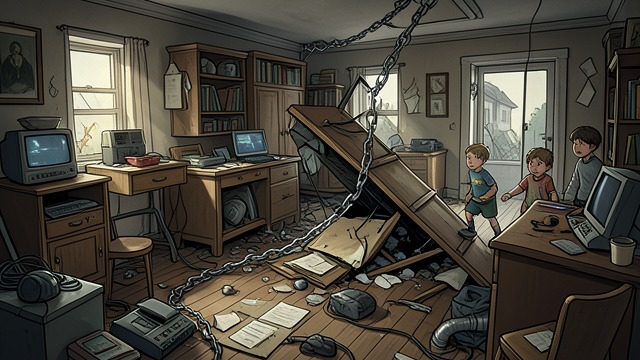 The House Comes Down from "The War of the Roses". The House Comes Down A Structure Primed to Fail After prolonged sabotage, the house is loaded with unstable furniture, loosened fittings, and other hazards.
