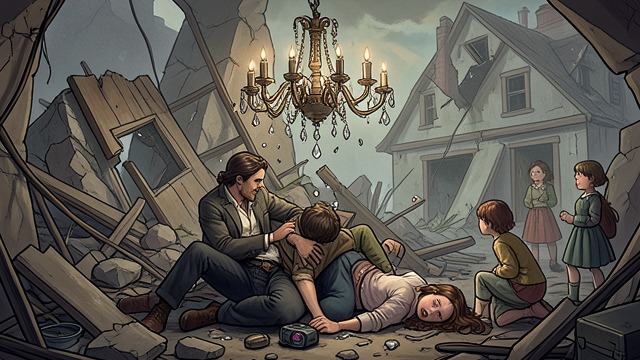 The House Takes Them from "The War of the Roses". The House Takes Them A Fall Together The chandelier and surrounding structure give way, carrying Oliver Rose and Barbara Rose into the collapse.