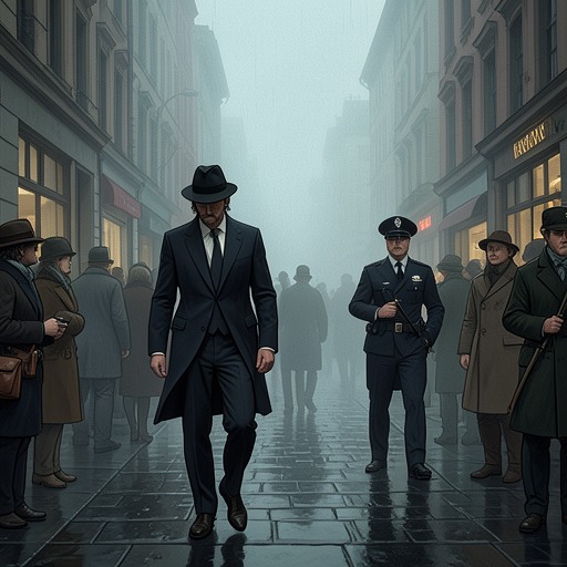 The Race Between Assassin and Police from "The Day of the Jackal". This flow tracks the escalating tactical contest as The Jackal’s disguises and the police investigation repeatedly overtake one another.
