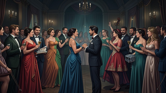 The Bachelor Party from "People We Meet on Vacation". A New Public Gesture The celebration is extravagant Poppy and Alex enter a lavish party full of costumes, music, and guests.