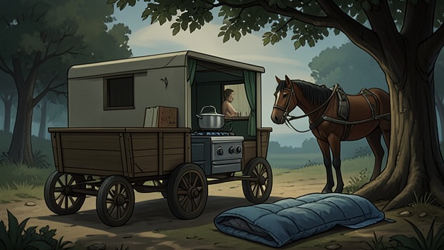 A Home on Wheels from "News of the World". A Home on Wheels Repeated routines The wagon allows Kidd and Cicada to establish recognizable patterns of cooking, sleeping, tending horses, and traveling.