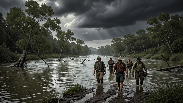 The Flooded Red from "News of the World". The Flooded Red Water dictates the route Rising water turns the Red River valley into a landscape of mud, drifting trees, and difficult crossings.