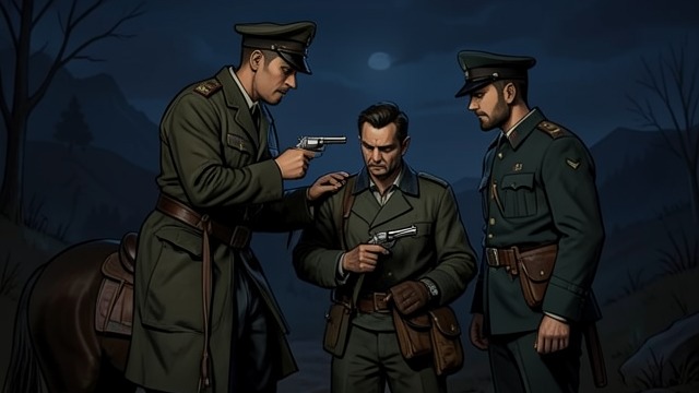 路上的巡逻队,《世界新闻》中的场景。路上的巡逻队 身着制服的权力 一支骑马巡逻队盘问杰斐逊·凯尔·基德,并检查他的证件和武器。士兵代表着一种有组织的力量,既可能协助,也可能阻碍这趟返程。 保护仍取决于个人 杰斐逊·凯尔·基德必须判断该透露多少,以及要多坚决地保护约翰娜·莱昂贝格。巡逻队没有带走她便离开了,但结果取决于他的镇定,以及军官的决定。