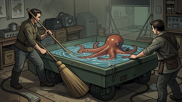 The Escape Rescue from "Remarkably Bright Creatures". A Shared Secret An Octopus on the Shelf Cameron finds Marcellus outside his tank and tries to move him with a broom.