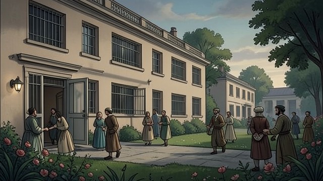 A City Behind Walls from "Asylum". The Hospital’s Enclosure Architecture of Control The hospital’s barred windows, outward-opening doors, and surrounding Wall make its custodial purpose visible.