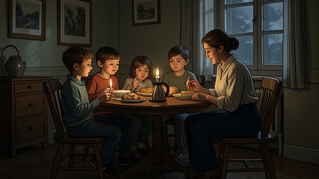 Warmth in a Plain Room from "Small Things Like These". Warmth in a Plain Room A household observed Inside the neighbor’s home, children eat breakfast by candlelight.