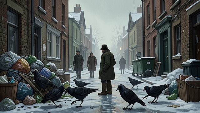 Street Scavengers from "Small Things Like These". Street Scavengers Feeding in the cold Crows pick through discarded food and move along the streets while winter tightens around New Ross.