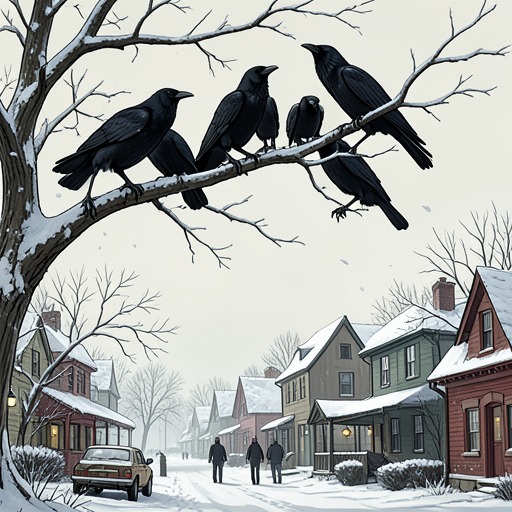 The Crows Over New Ross from "Small Things Like These". The recurring crows connect the town’s winter landscape to unease, scavenging, and the story’s awareness of suffering that respectable life leaves unattended.