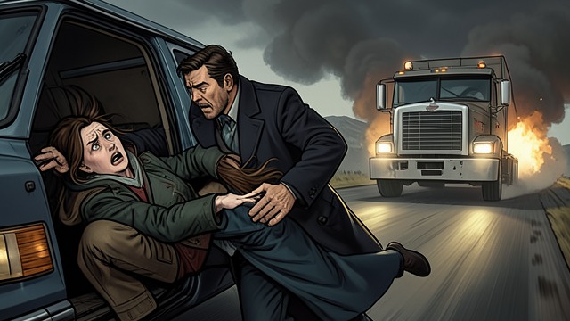 A Rescue on the Road from "Bones & All". A Rescue on the Road A Shared Recognition Lee pulls Maren away from a speeding truck after she attempts suicide.