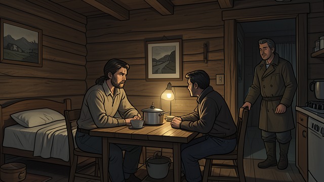 A Borrowed Cabin from "Bones & All". A Borrowed Cabin Hospitality Offered Sullivan provides a clean bed and a cooked meal, giving two travelers a rare night of comfort.