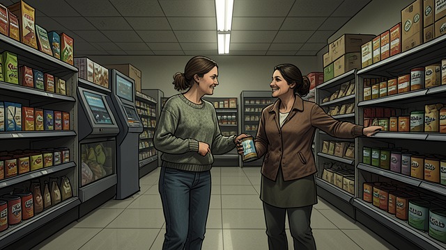 A Grocery Store Meeting from "Bones & All". A Grocery Store Meeting A Small Request Maren helps Lydia Harmon retrieve and read a can label in a grocery aisle.