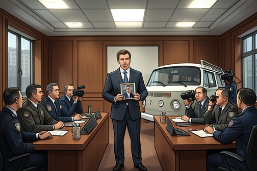 Nail-Gun Case Press Conference from "The Hanging Girl". The press conference brought together senior Danish police officials, Dutch investigator Hans Rinus, reporters, and Carl Mørck.