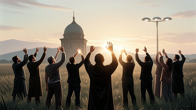 The Academy’s Sunrise from "The Hanging Girl". Ritualized Light Daily Gathering Followers greet the sunrise through coordinated gestures, chants, and explanations of seasonal change.