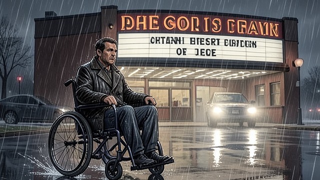 The Solitary Ride from "The Hanging Girl". A Disappearance Choosing the Road Hardy leaves without Morten, driving his wheelchair through rain toward Lynge Drive-in Cinema.
