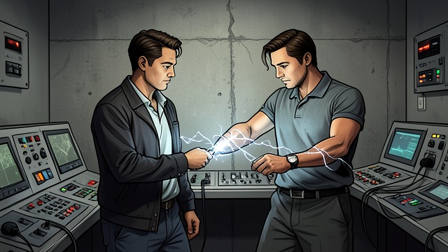 The Shared Current from "The Hanging Girl". A Physical Bond Bound Together Pirjo ties Carl and Assad together in the control room and sends current through their bodies.