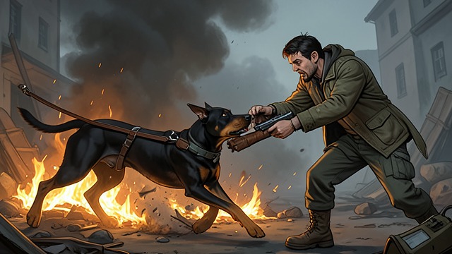 The Blood Oath in the Firefight from "A Boy and His Dog". The Blood Oath in the Firefight The Mutual Rescue Blood risks his skin dragging a rifle through the line of fire; Vic shoots the Doberman off him.