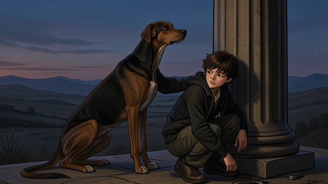 Blood's Starving Vigil from "A Boy and His Dog". Blood's Starving Vigil The Dog Who Waited There is a shape against the pillar at dusk: Blood, weak, wounds gone ugly, barely able to lift his head.