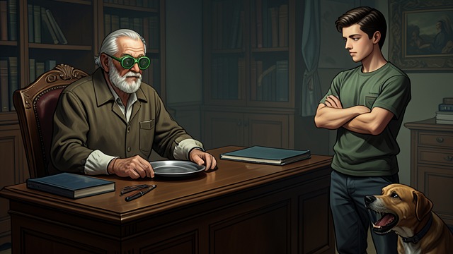 The Toad Behind the Desk from "A Boy and His Dog". The Toad Behind the Desk The Elder in the Eyeshade The oldest of the old men, Lew, wears a green eyeshade and sleeve garters over a striped shirt.