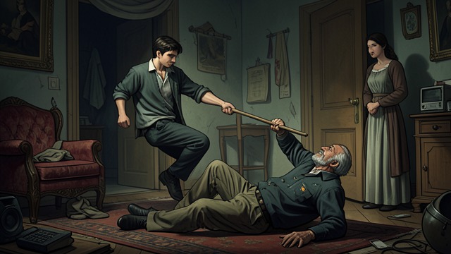 The Kicked Cane from "A Boy and His Dog". The Kicked Cane The Collapse of Authority As Vic drags Quilla June out of the bedroom, Lew rises with his cane, and Vic kicks it out from under him.