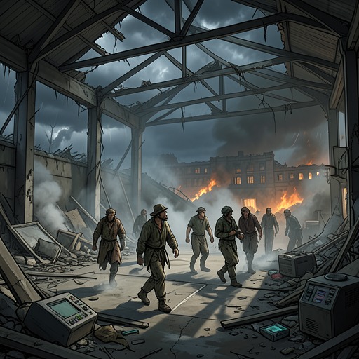 The Siege of the YMCA from "A Boy and His Dog". Follows the roverpak attack on the ruined gymnasium, the firefight from the girder, and the desperate decision to burn down the building as a shroud for escape.