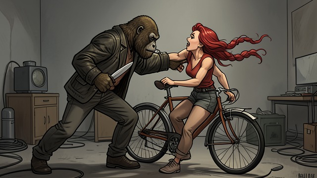 The Assault On The Trail from "The Caller". The Assault On The Trail An ambush Johnny waits on the Love Trail in a gorilla mask and attacks Else as she cycles home from band practice.