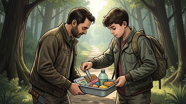 Preparing The Pack from "The Caller". Preparing The Pack A father helps equip his son Hannes packs a varied lunch and drink, reminds Theo to dress properly, and gives him a hunting knife.