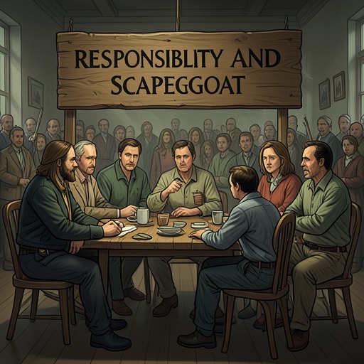 Responsibility And The Scapegoat from "The Caller". This flow traces the tension between establishing individual responsibility and satisfying a community’s desire to assign blame after devastating events.