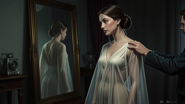 The Transparent Dress from "Emmanuelle". Clothing as Strategy Jean chooses a dress that exposes Emmanuelle’s breasts whenever she sits or bends. The garment turns movement itself into an erotic event.