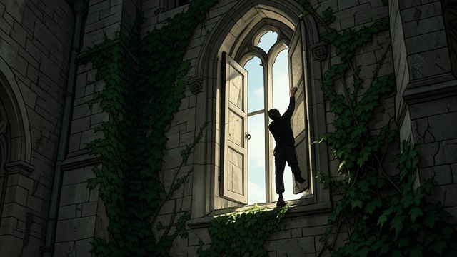 Wyvern Abbey’s Open Window from "The Seven Dials Mystery". Wyvern Abbey’s Open Window An apparent escape route The library window and ivy become the visible path used by the supposed thief.