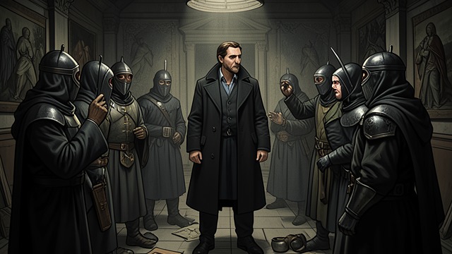 The Final Meeting from "The Seven Dials Mystery". The Final Meeting The leader revealed Bundle Brent is brought before the masked members and sees Superintendent Battle unmask as No. 7.