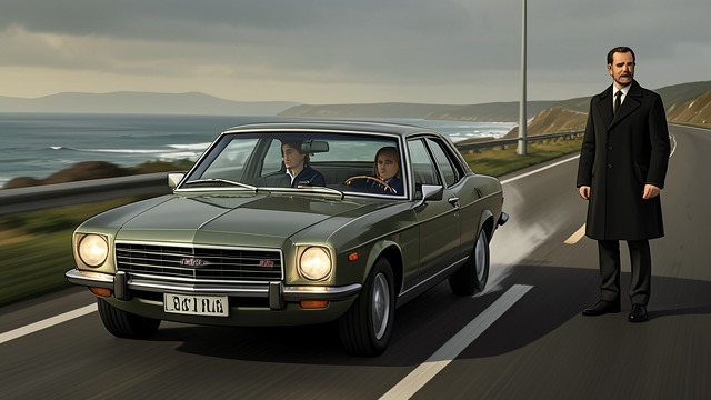 Roadside Near Miss from "Match Point". Roadside Near Miss A collision narrowly avoided A vehicle aims toward Willa and Tabitha on a quiet coastal road.
