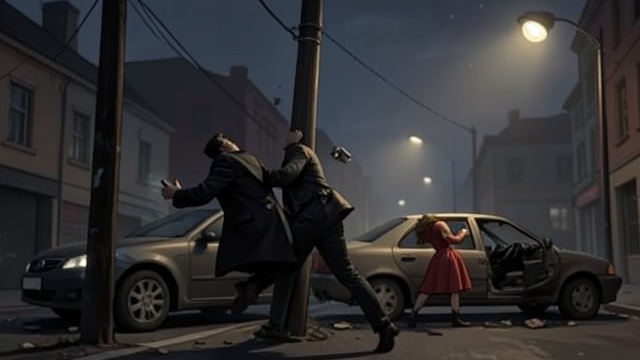 Escalation at the House from "Match Point". Escalation at the House Attacks on the circle Victor is forced into a telephone pole in a hit-and-run collision.