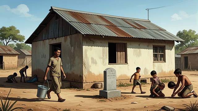 The Village House from "Speak No Evil". The Village House Material Memory The bungalow, grave, dust, and buckets preserve the hardship of Obi’s childhood.