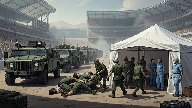 The Gate and the Hospital from "Black Hawk Down". Leaving the Streets Arrival at Safety The armored column reached the Pakistani stadium and transferred its wounded.