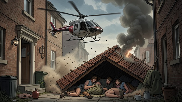The Wreck Hits the House from "Black Hawk Down". A Home Damaged Impact in the Alley A Somali fighter fired an RPG at the passing helicopter, which spun into Aden's house and alley.
