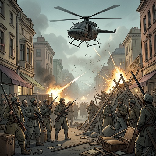 A City Mobilizes from "Black Hawk Down". This flow follows local residents and neighborhood fighters as the raid draws people into resistance and danger.