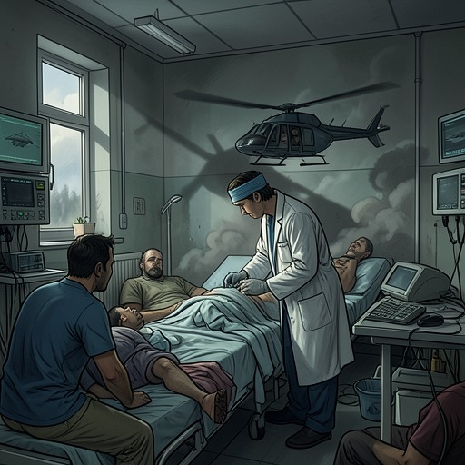 The Hospitals Absorb the Battle from "Black Hawk Down". This flow follows the rising civilian casualty burden through the work of a surgeon and an overwhelmed city hospital.