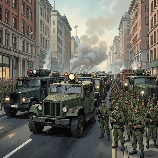 The Armored Relief Column from "Black Hawk Down". This flow follows the assembly and arrival of a multinational force that finally reaches the isolated troops.