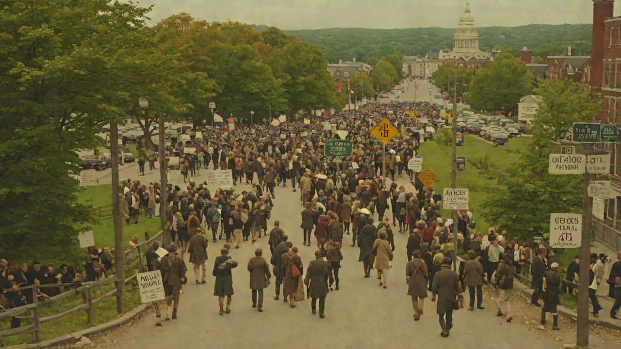 Bostonward Obsession from "The Long Walk". Bostonward Obsession Escalation Signs promise Boston while crowds fill the hills and road edges.