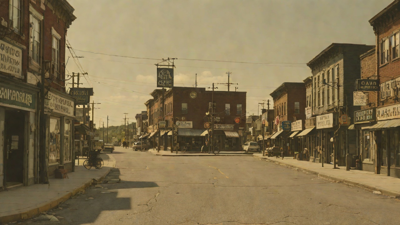 Small Town Corridor from "The Long Walk". Small Town Corridor Spectacle Limestone and Caribou offer stores, gas stations, bands, signs, and cheering residents.