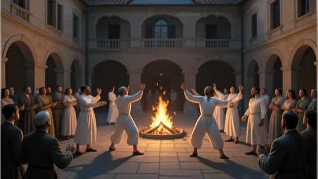 Cruelty as Entertainment from "Handling the Undead". Cruelty as Entertainment A violent audience Young men enter a courtyard to strike the dancing dead, treating them as entertainment.