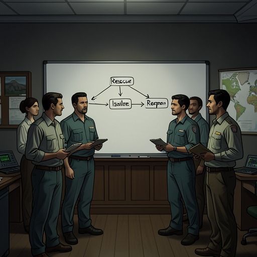 The Government’s Containment Response from "Handling the Undead". This flow traces how emergency policy moves from improvised rescue to isolation, relocation, and a dangerous reopening.