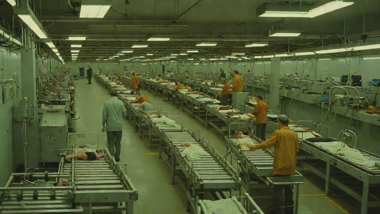 The Selection Factory from "The Running Man". Industrialized Judgment Bodies on a Conveyor Applicants move through cameras, doctors, tests, and numbered beds.