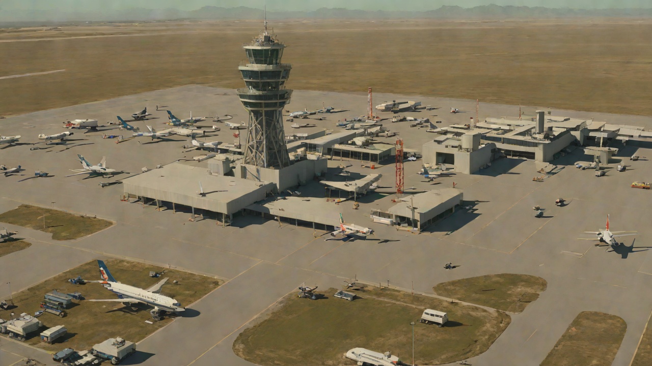The Jetport Tower from "The Running Man". The Route Upward Controlled Access Voigt Airfield is guarded by police, tanks, fences, and terminals.