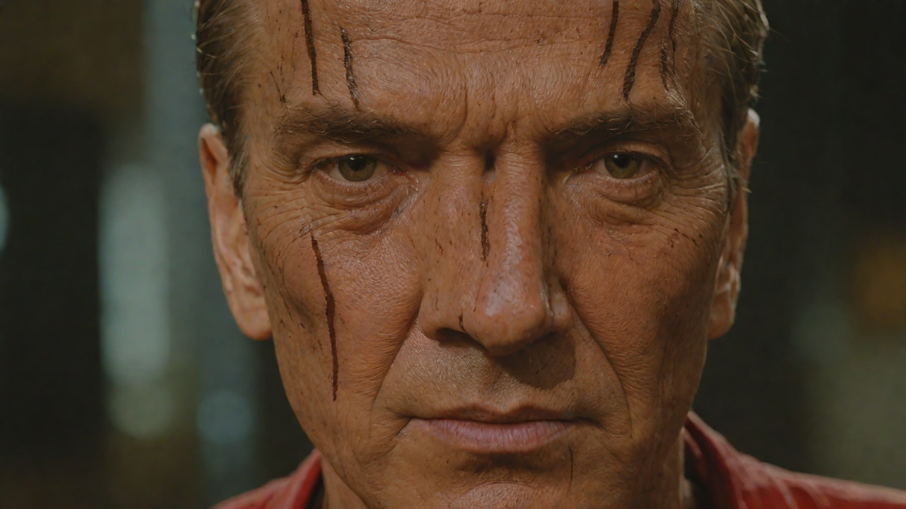 The Villain Portrait from "The Running Man". A Face Rewritten Visual Deception The Network alters Ben’s photograph so that poverty reads as animal cunning.