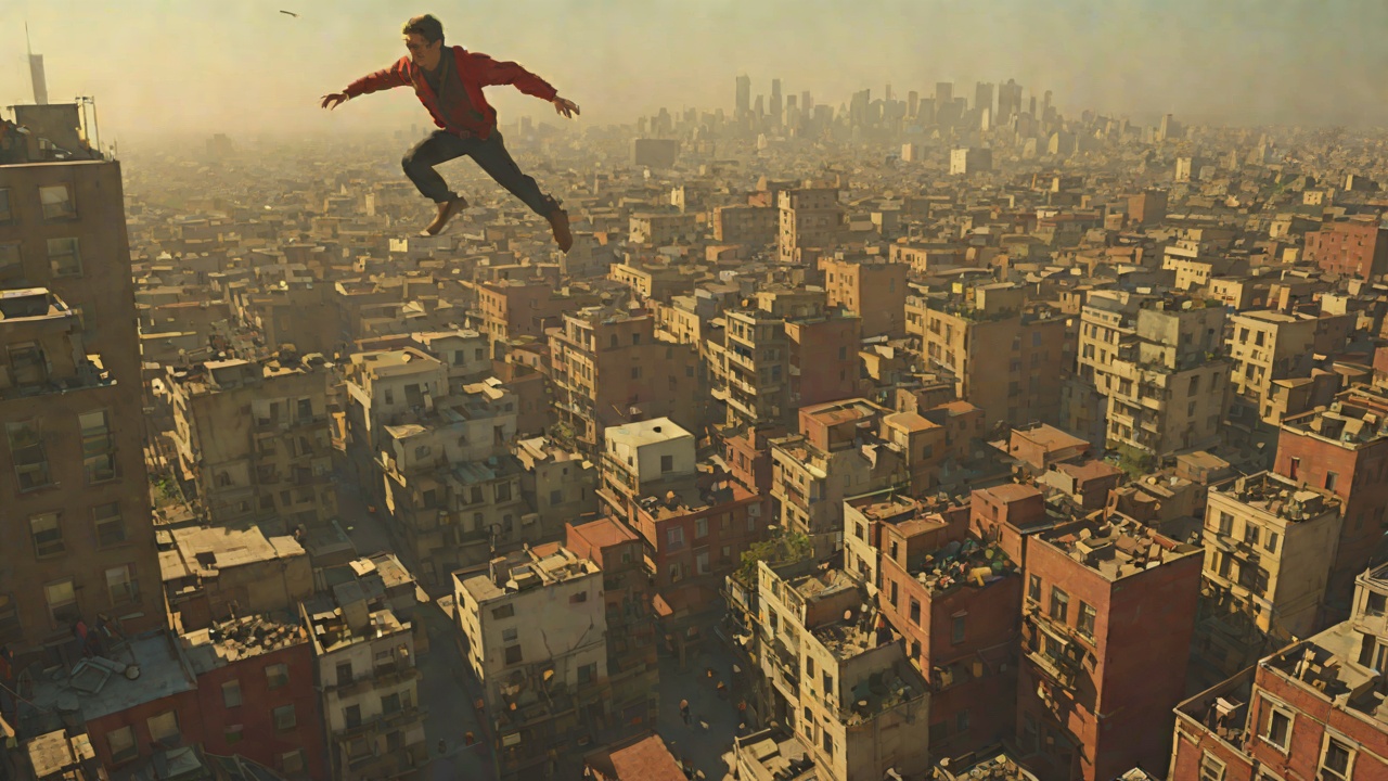 The People Below from "The Running Man". Returning to His Own City as Community Ben flies over Co-Op City and sees the poor neighborhoods beneath the machine. He is no longer merely escaping them.