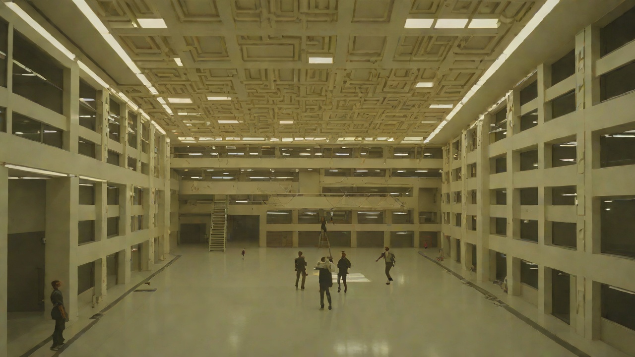 The Games Building from "The Running Man". The Institutional Maze Upward Movement Applicants move through floors, cameras, dormitories, and testing rooms.