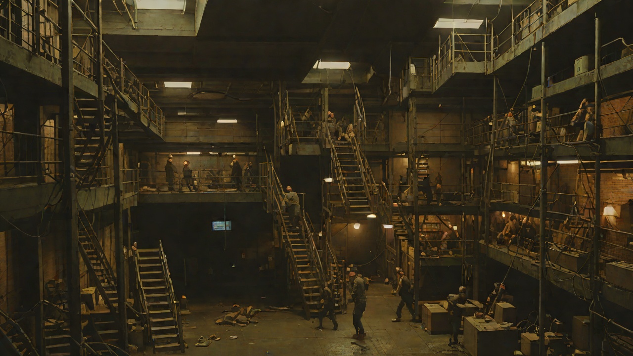 The Boston Basement from "The Running Man". Downward Escape Fire Below Ben descends beneath the Boston Y.M.C.A. while Hunters occupy the public spaces above.